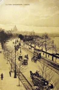 London Sept 15th 1916 - This is beside the Thames, St, Pauls Cthedral in a distance, I beleave. When we past there was 3 girls asleep on bench that can be seen.