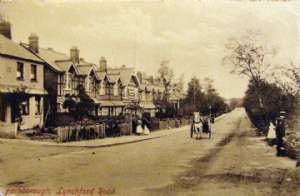 Ash Ranges, Oct 27  1916 - We walk down this road every time we go to the Y.M.C.A. Note how close the houses are built together and how much alike they look 	Well good night –––?––?––––– to every one as ever Laurie